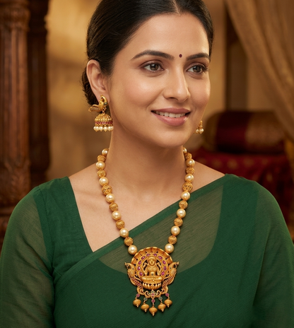 Matte finish ruby-emerald-pearl beaded Lakshmi necklace set dj-09976