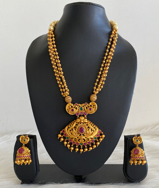 Matte Finish Ruby-emerald-pearl Big Pendant Necklace Set dj-09977