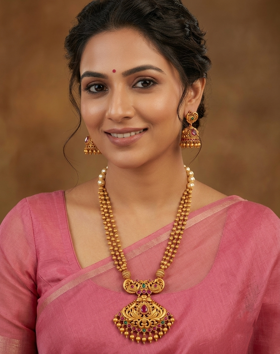 Matte Finish Ruby-emerald-pearl Big Pendant Necklace Set dj-09977