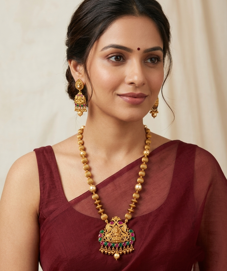 Matte Finish Ruby-emerald beaded Lakshmi Necklace Set-dj09980