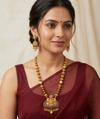 Matte Finish Ruby-emerald beaded Lakshmi Necklace Set-dj09980