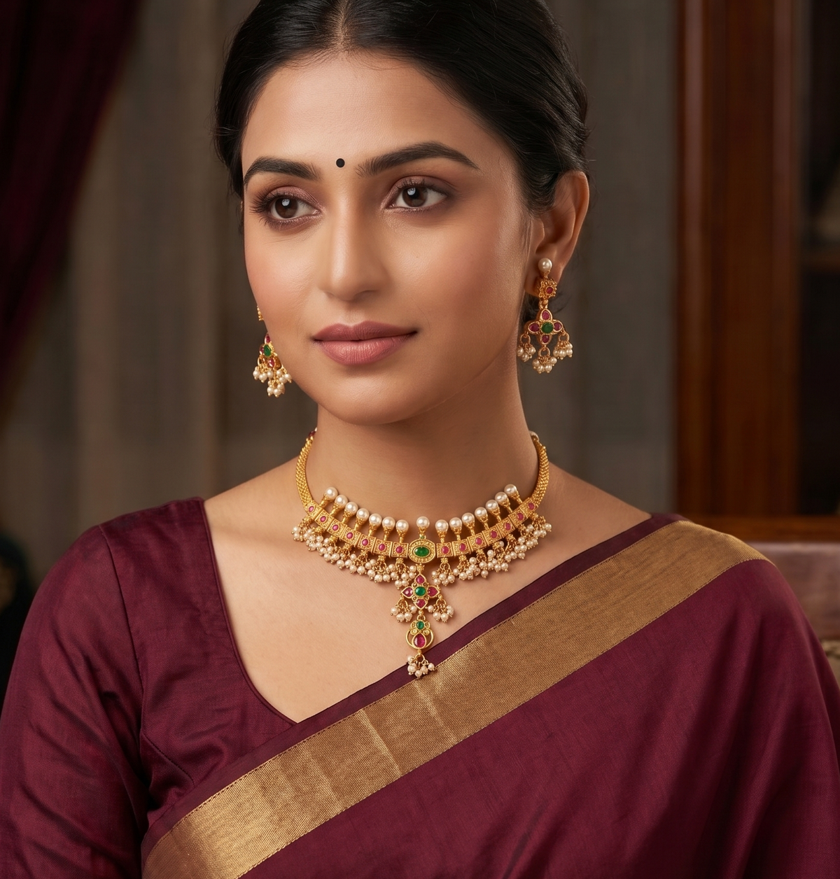 Gold tone Gutta pusalu Ruby-emerald Necklace Set dj-09982