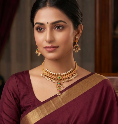 Gold tone Gutta pusalu Ruby-emerald Necklace Set dj-09982