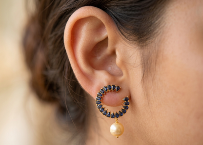 Gold Tone Blue Pearl Earrings-dj09998