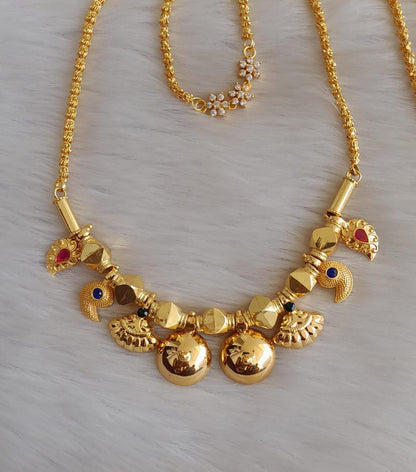 Gold tone pink-blue stone mango bottu mangalyam with flower mugappu chain dj-42651