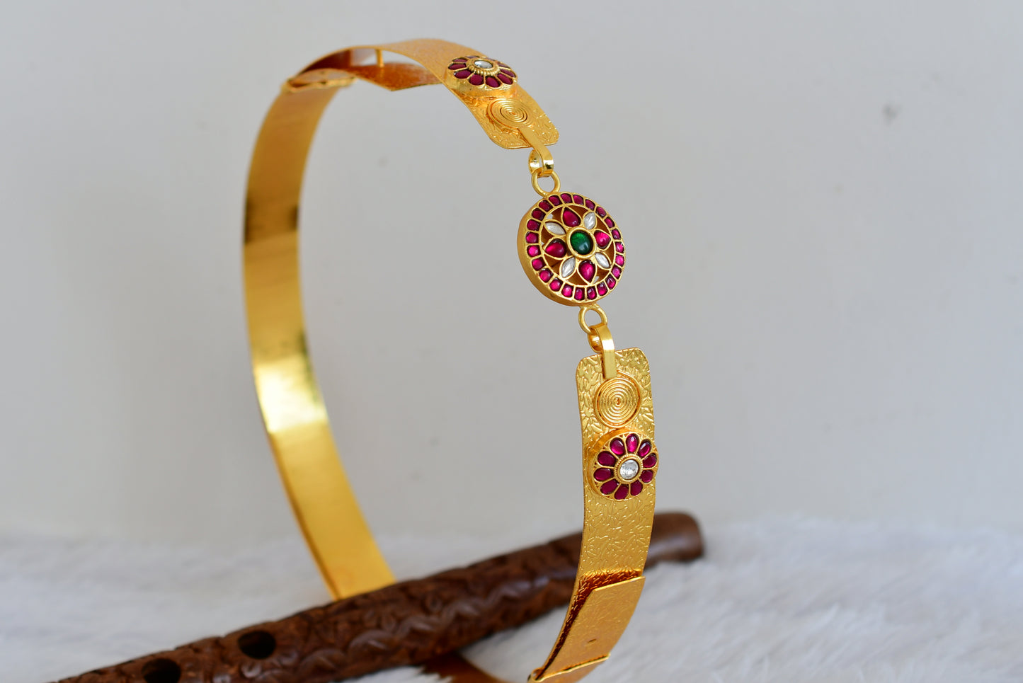 Gold tone pink-green-white kundan jadau flower waist band dj-50859