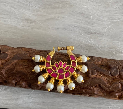 Gold tone kundan jadau pink stone pearl nose pin dj-53717