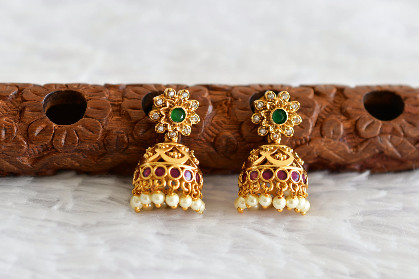 Antique gold tone ruby-green pearl flower jhumkka dj-52160