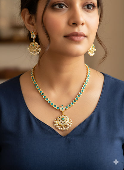 Gold tone AD Cerulean blue south indian style attigai/necklace set dj-51670