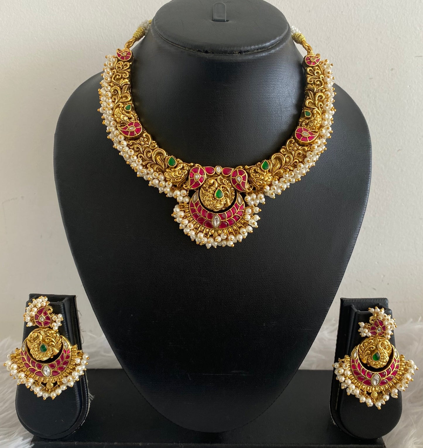 Antique gold tone pink-green-white pearl cluster kundan jadau necklace set dj-54430