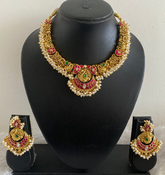 Antique gold tone pink-green-white pearl cluster kundan jadau necklace set dj-54430