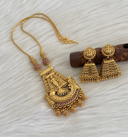 Antique gold tone beaded chain with ma meenakshi gopuram pendant set dj-55118