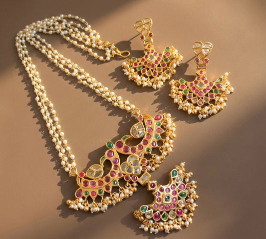 Gold tone uncut polki pearl peacock necklace set DJ22891