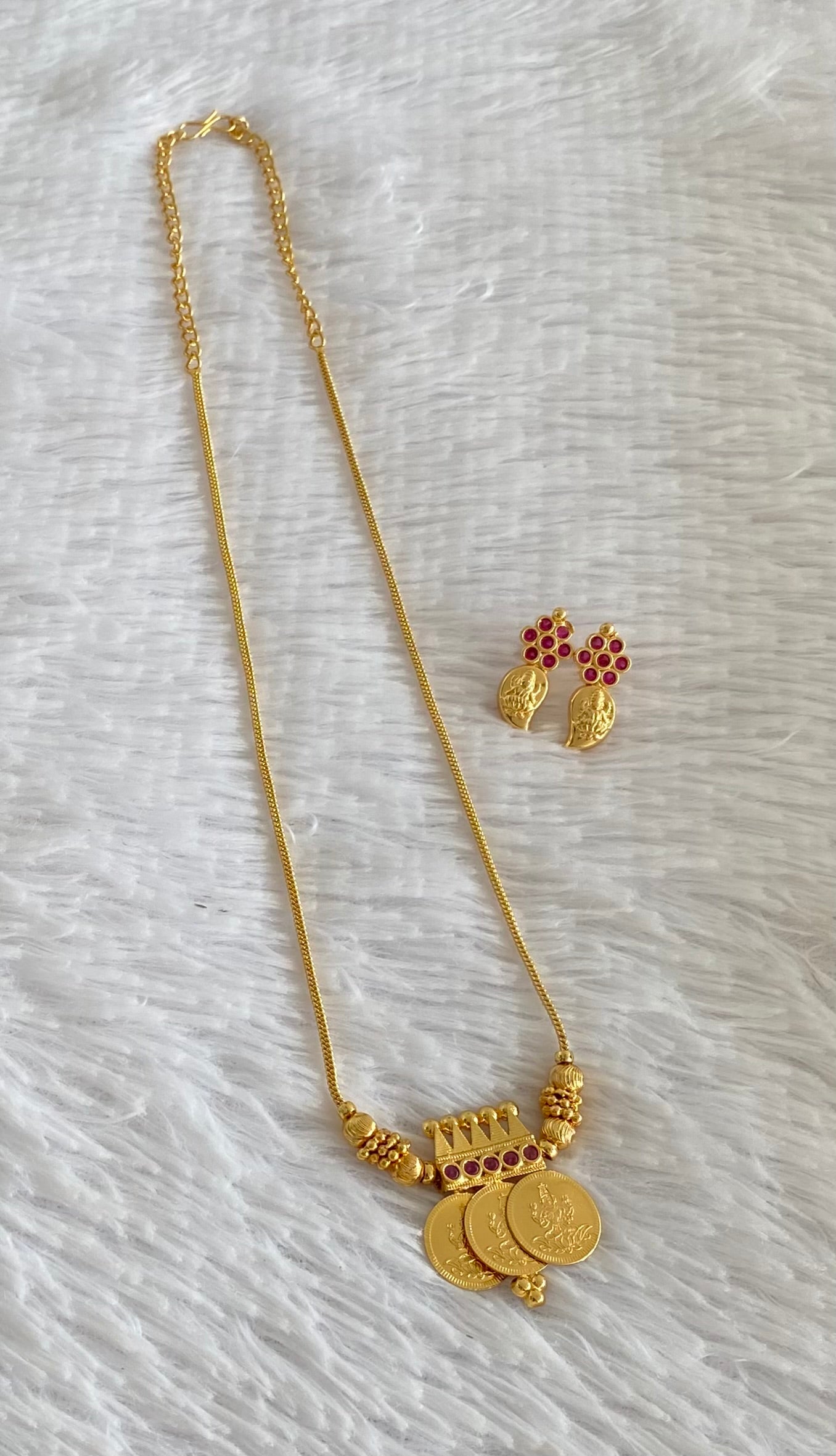 Gold tone kerala style pink stone lakshmi coin necklace set dj-54356