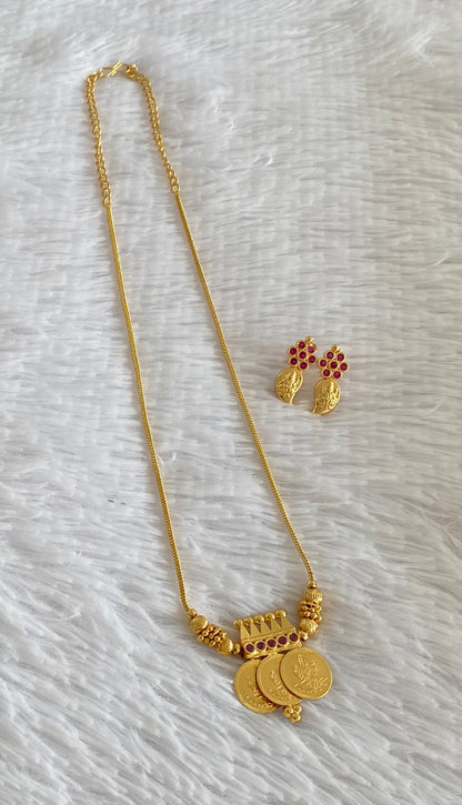 Gold tone kerala style pink stone lakshmi coin necklace set dj-54356