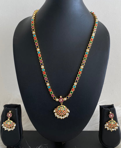 Gold tone navarathna stone pearl haar set dj-54560