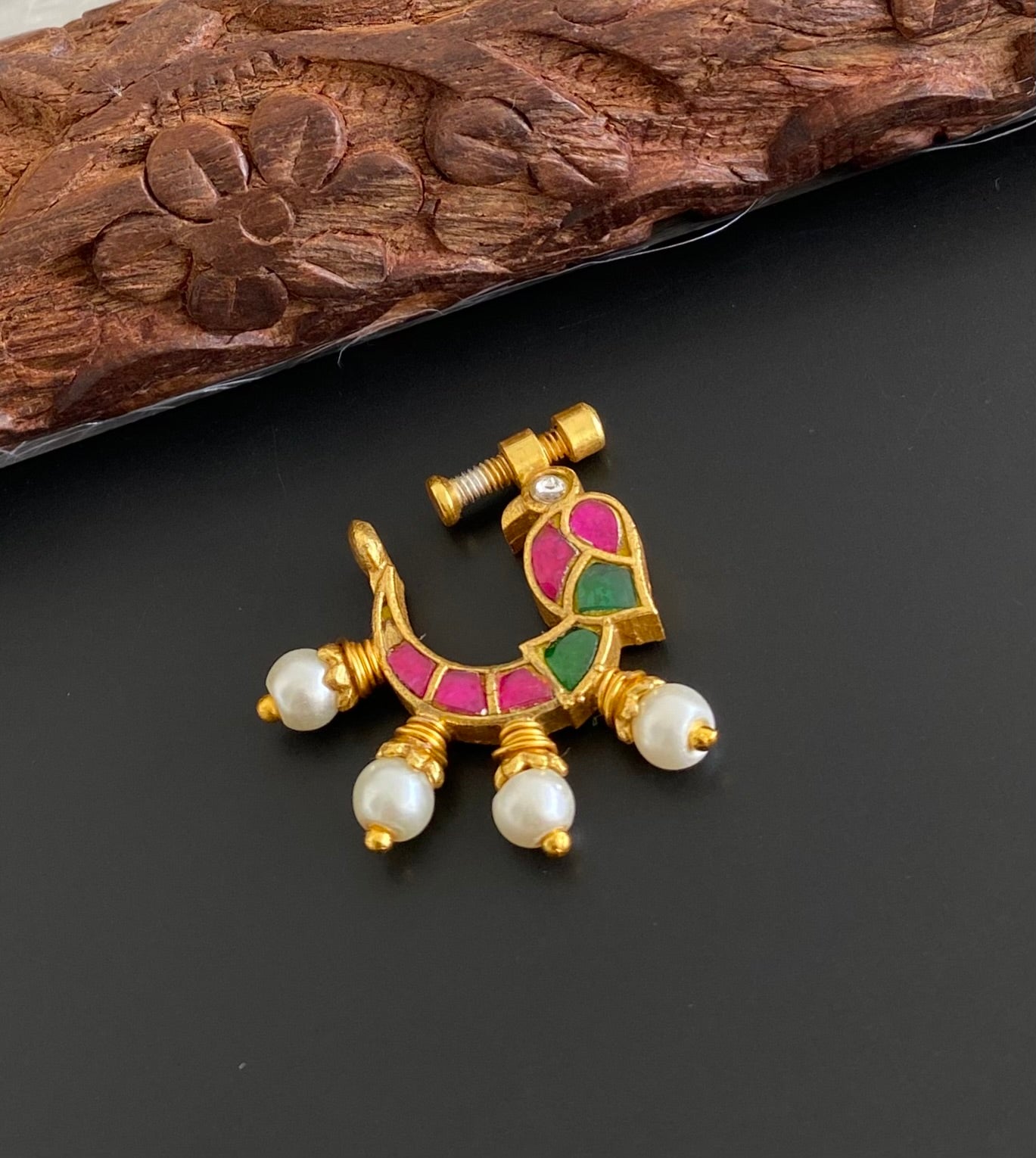 Gold tone kundan jadau pink-green stone pearl bird nose pin dj-53720