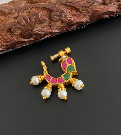 Gold tone kundan jadau pink-green stone pearl bird nose pin dj-53720