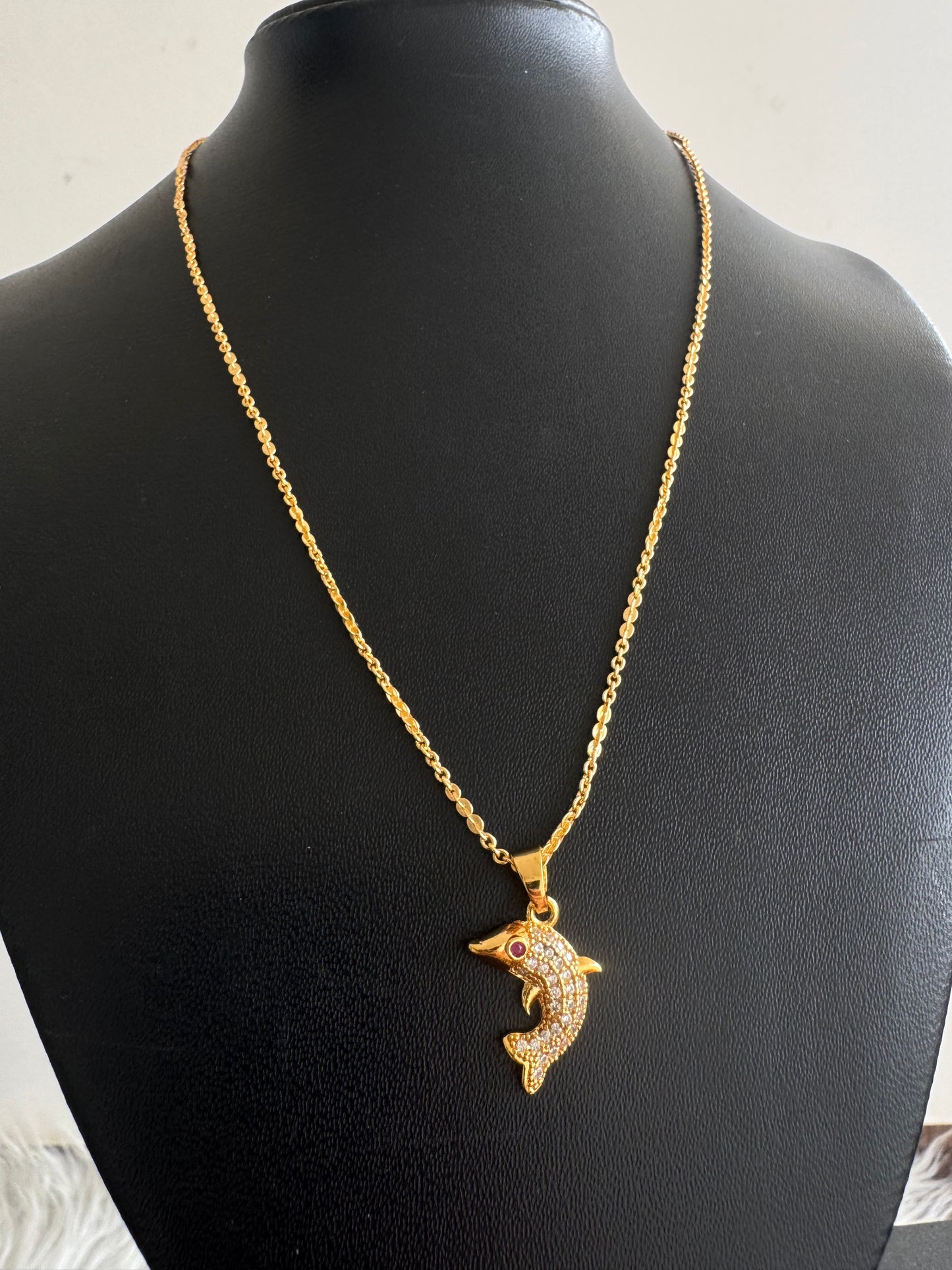 Gold tone 18 inches chain with ruby-white dolphin pendant dj-47599