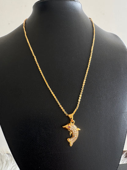 Gold tone 18 inches chain with ruby-white dolphin pendant dj-47599