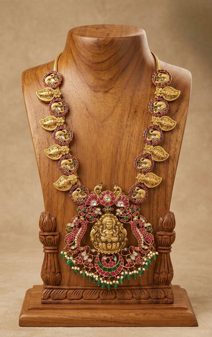 Antique gold look alike Pink-green-white Lakshmi-swan-Ganesha Kunda Jadau haar dj-36319
