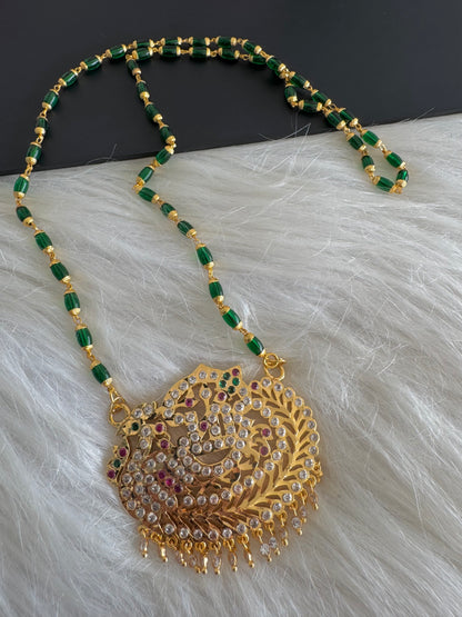 Gold tone 24 inches green beaded chain with AD pink-green Om peacock pendant dj-51192
