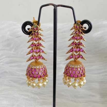 Antique gold tone kemp-green-white stone pearl long jhumkka dj-54637
