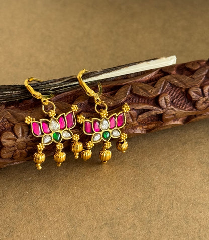 Gold tone pink-green-white kundan jadau lotus hook earrings dj-51530