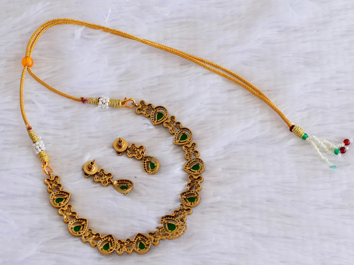 Matte finish cz green tilak stone necklace set dj-52979