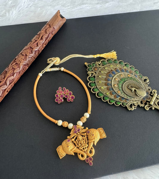 Matte finish ruby Lakshmi-Elephant necklace set dj-52096