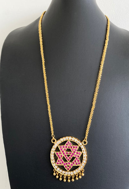 Gold tone 24 inches chain with AD pink-white chakram pendant dj-53261