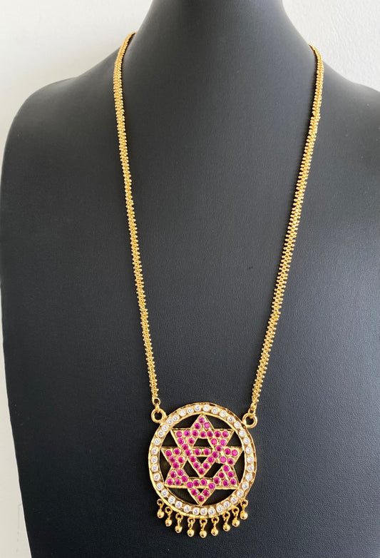 Gold tone 24 inches chain with AD pink-white chakram pendant dj-53261