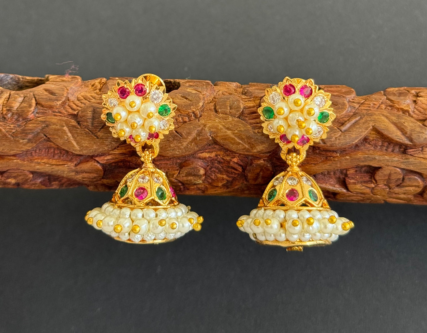 Gold tone ad pink-green-white stone pearl jhumkka dj-46017