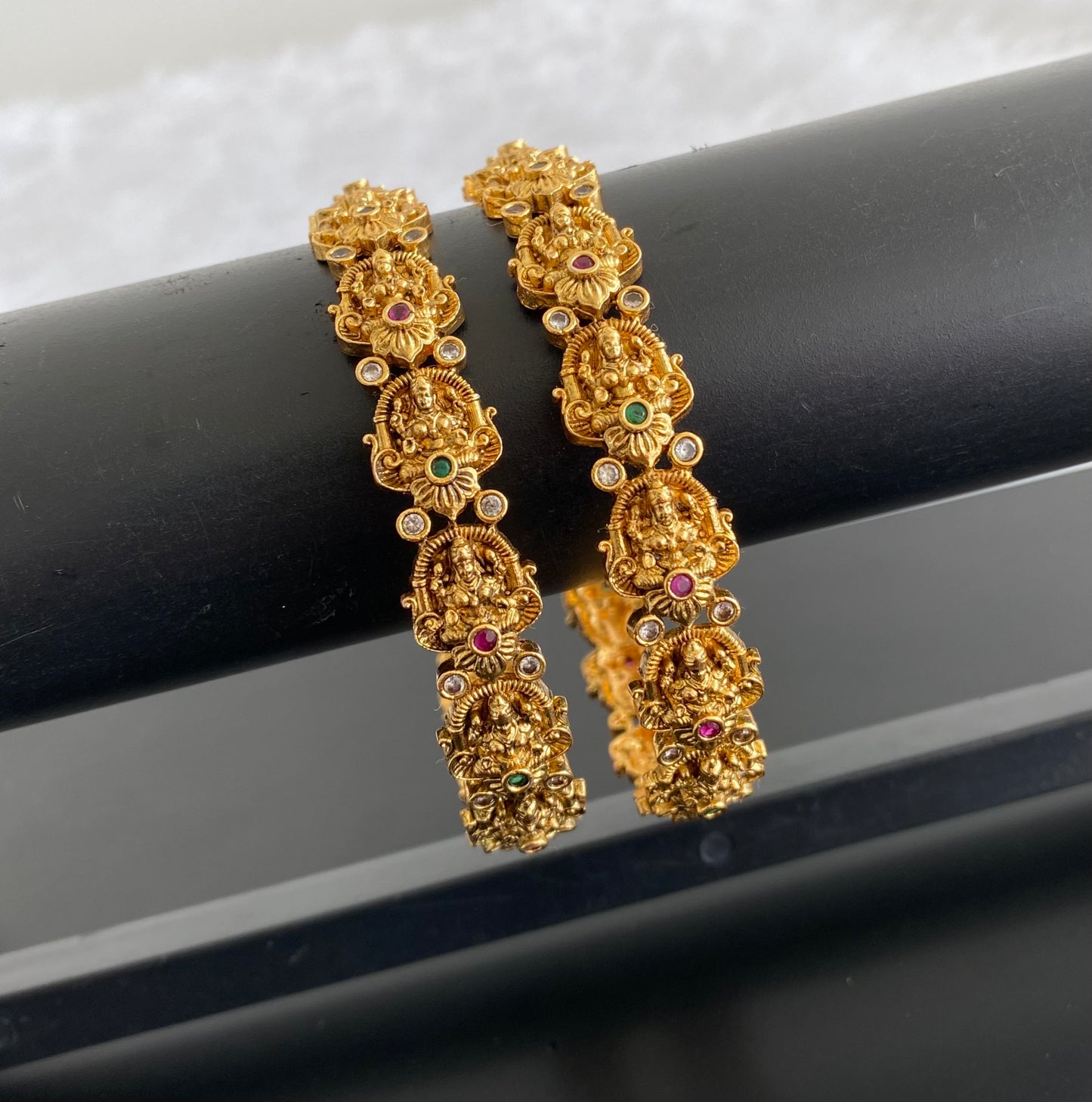 Antique gold tone ruby-green-white stone lakshmi bangles(2.6) dj-53416