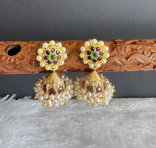 Gold tone precious kemp-green-white pearl jhumkka dj-51477