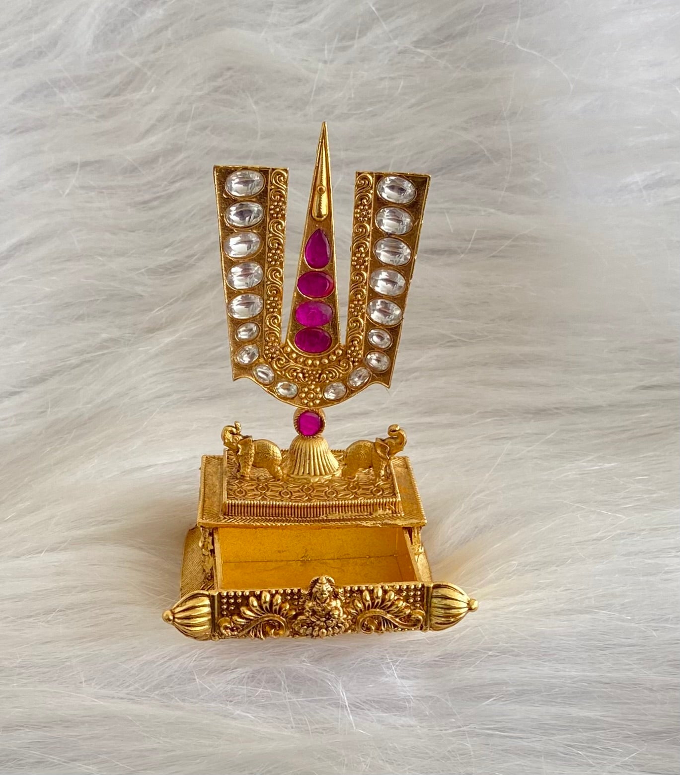 Gold tone pink-white kundan jadau lakshmi thirumal nama kumkum box dj-54225
