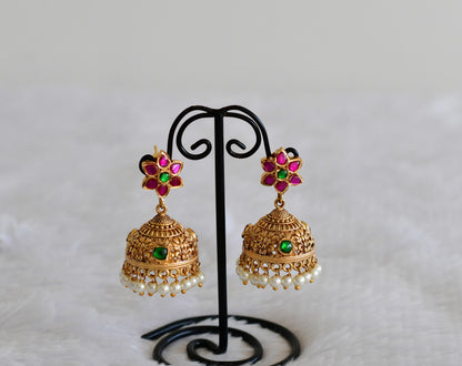 Antique gold tone pink-green jadau kundan pearl flower jhumkka dj-52555