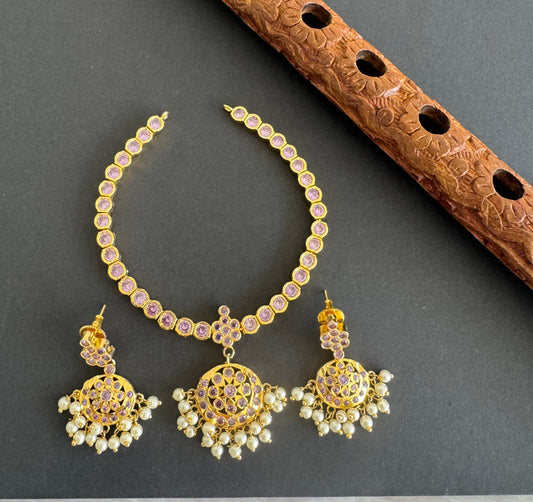 Gold tone AD lavender south Indian style attigai/necklace set dj-51485