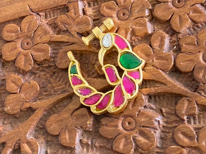 Gold tone kundan jadau kemp-green peacock nose pin dj-53711