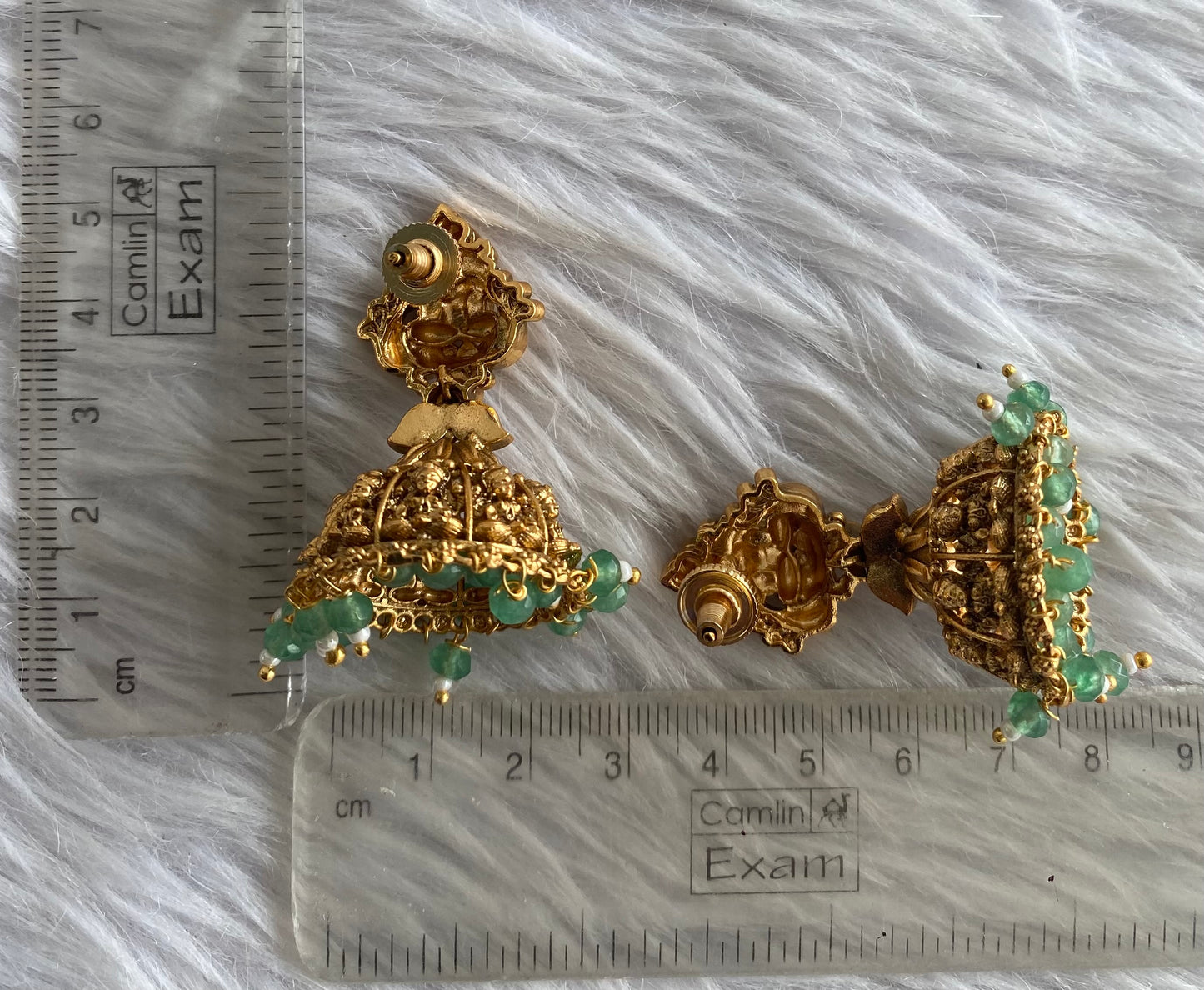 Antique gold tone pink-green beaded Lakshmi jhumkka dj-51048