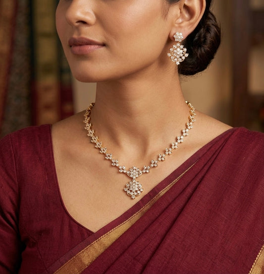 Gold tone cz white stone necklace set dj-54338
