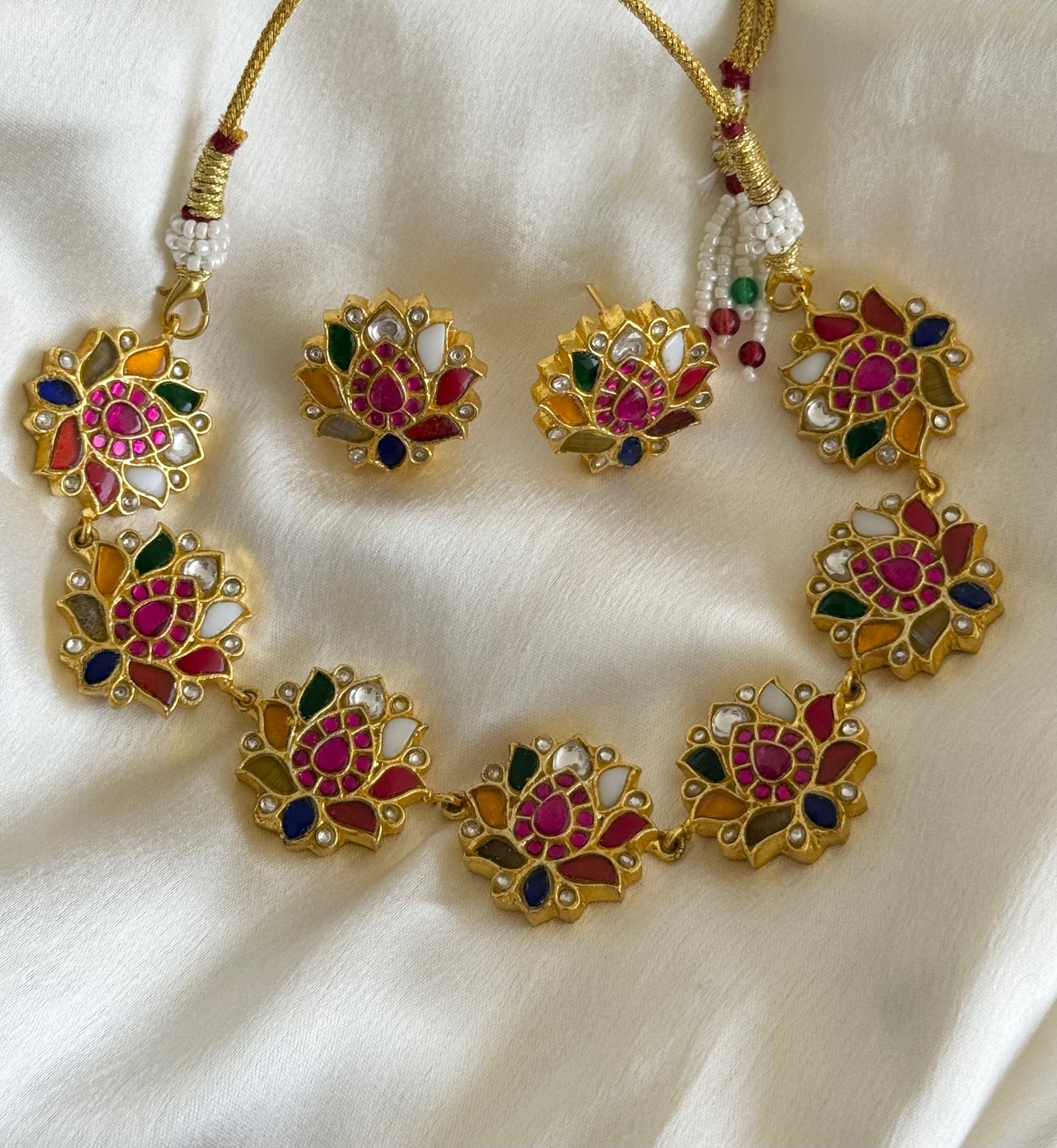 Gold tone navarathna kundan jadau lotus necklace set dj-51544