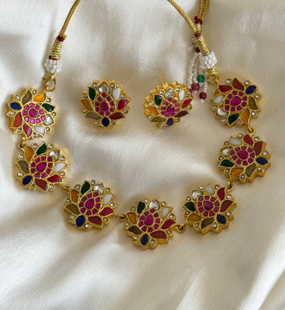 Gold tone navarathna kundan jadau lotus necklace set dj-51544