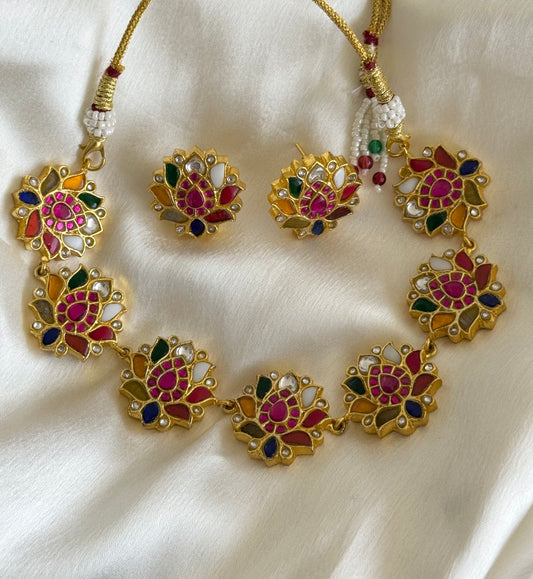 Gold tone navarathna kundan jadau lotus necklace set dj-51544