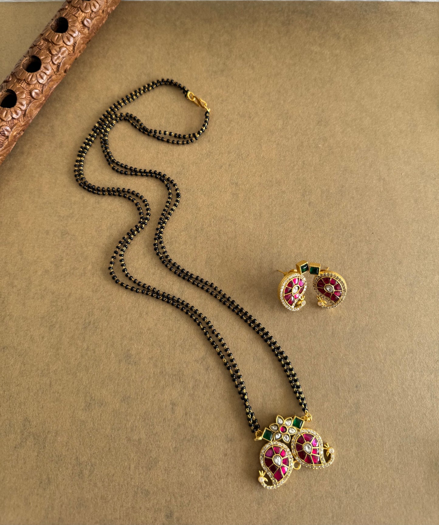 Matte finish pink-green-white kundan jadau mango 24 inches mangalsutra set dj-51540