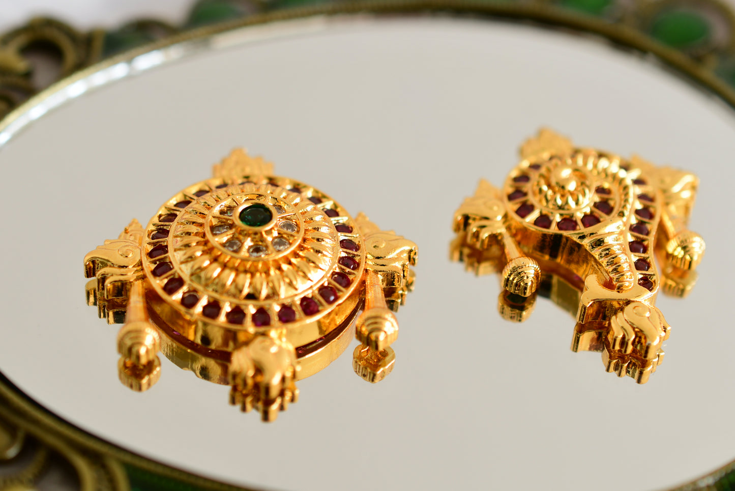 Gold tone pink-green-white shanku-chakra for pooja room dj-52310