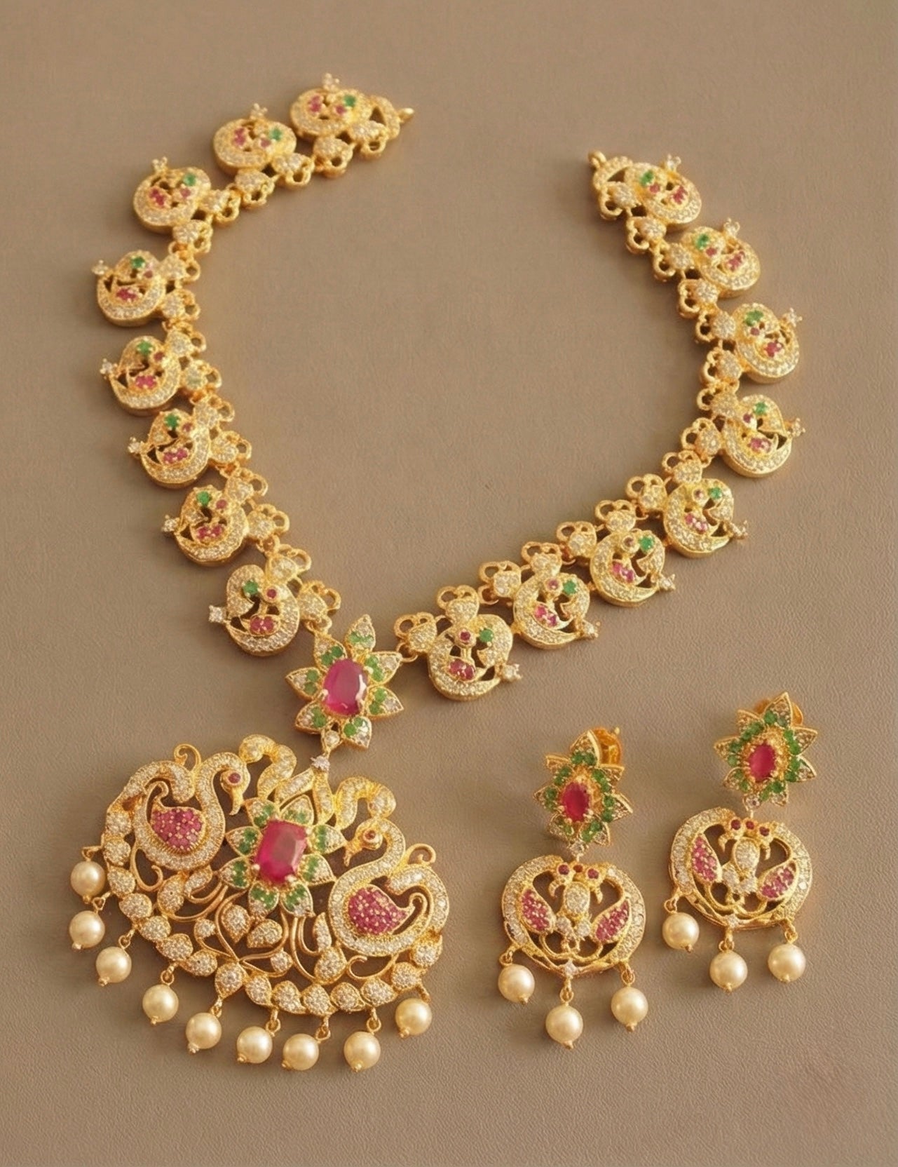 Gold tone cz ruby-green peacock necklace set-dj07555