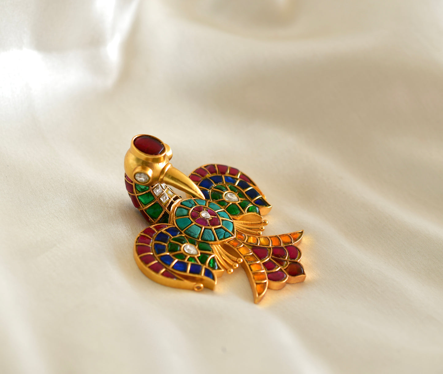 Matte finish Navarathna kundan jadau bird brooch dj-52639