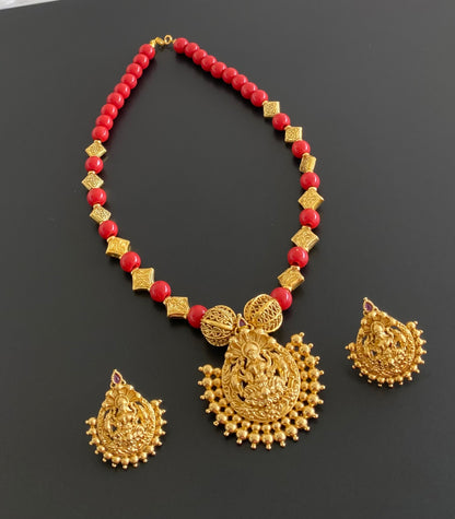 Matte finish coral lakshmi necklace set dj-53692