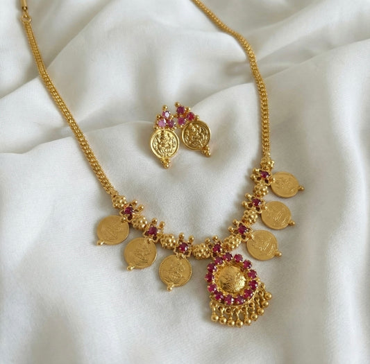 Gold tone pink stone lakshmi coin necklace set dj-48025